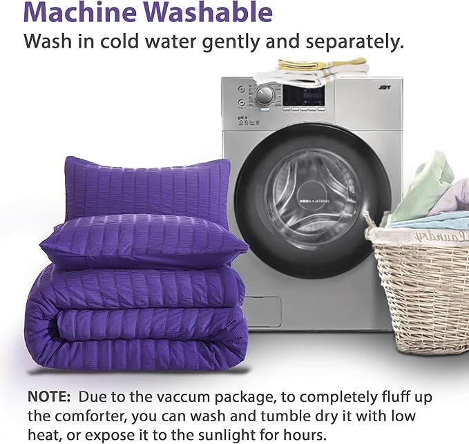 AveLom Dark Purple Seersucker Full Comforter Set (80x90 inches), 3 Pieces-Soft Washed Microfiber Lightweight Comforter with 2 Pillowcases, All Season Down Alternative Comforter Set for Bedding