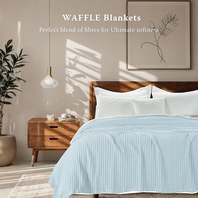 Threadmill Cooling Waffle Blanket King Size | Breathable, Lightweight and Cooling | Made from Rayon Derived from Bamboo | Waffle Throw Blanket for Couch and Sofa | 106 x 92 Inches | Light Blue