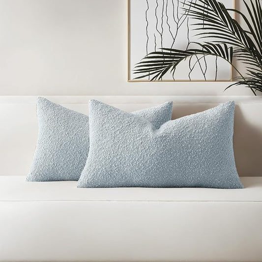 HAUSSY Set of 2 12x20 Decorative Throw Pillow Covers, Soft Cozy Textured Boucle Lumbar Pillow Cases, Home Decor for Couch Bed Living Room, Dusty Blue