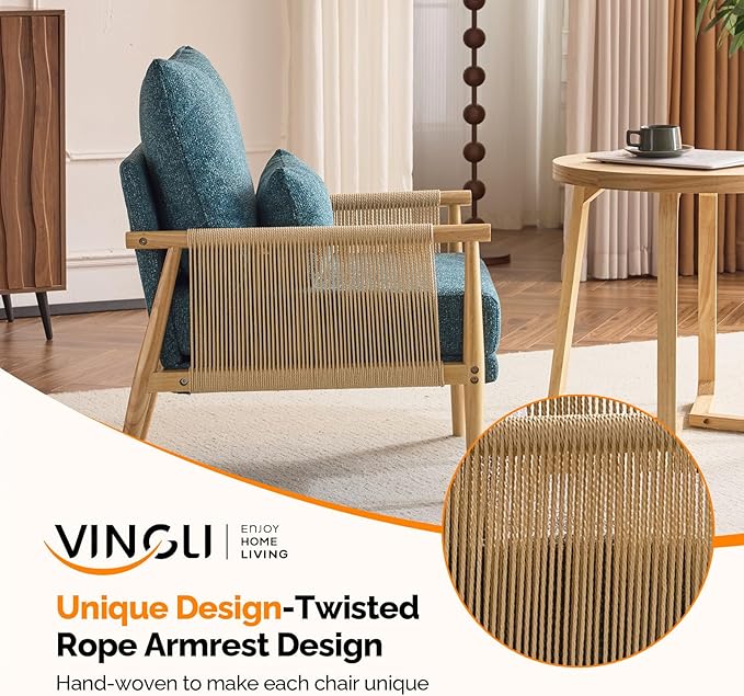 VINGLI Boho Braid Accent Armchair,Mid-Century Modern Chiar with Solid Wooden Armrest,Comfy Louge Cushion Chair with Waist Pillow for Bedroom,Living Room,Reading Room, Teal