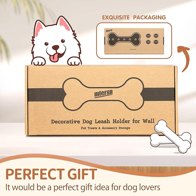MTERSN Rustic Farmhouse Dog Leash Holder for Wall - Decorative Key Hooks Wall Mount with Bone Shape and Coat Hanger for Entryway - Pets Accessories Storage for Dog Lover Gifts (Distressed White)