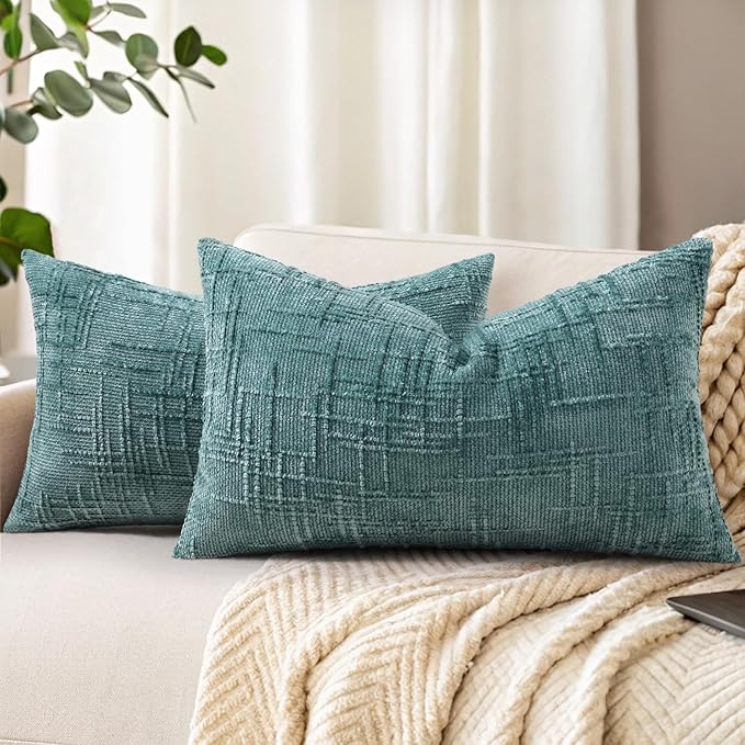 decorUhome Spring Teal Chenille Throw Pillow Covers 12x20 Set of 2 Textured Slubby Couch Pillow Covers Farmhouse Accent Modern Neutral Decorative Pillow Cases for Bed Sofa Living Room
