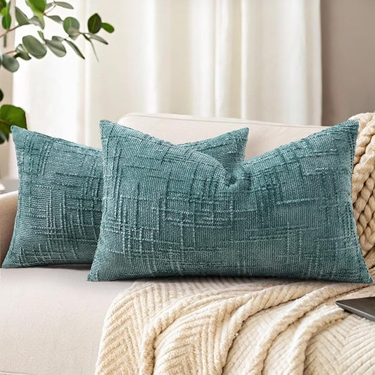 decorUhome Spring Teal Chenille Throw Pillow Covers 12x20 Set of 2 Textured Slubby Couch Pillow Covers Farmhouse Accent Modern Neutral Decorative Pillow Cases for Bed Sofa Living Room