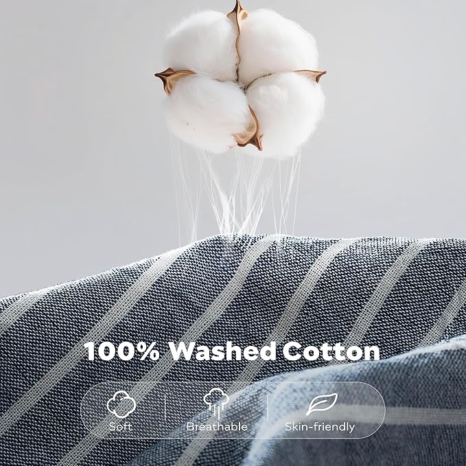 JELLYMONI Cotton Duvet Cover Twin Size - Blue Vertical Pinstriped Comforter Cover with Button 100% Washed Cotton 2PCS Breathable Soft Solid Bedding Set Duvet Cover 68×90in & 1 Pillowcase (NO Insert)