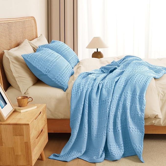 PHF 100% Cotton Waffle Weave Throw Blanket, Soft Lightweight Breathable Cozy Throws for Couch Bed Sofa, 300 GSM Luxury Aesthetic Blanket Gift for Home Decor & Office, 50"x60", Airy Blue