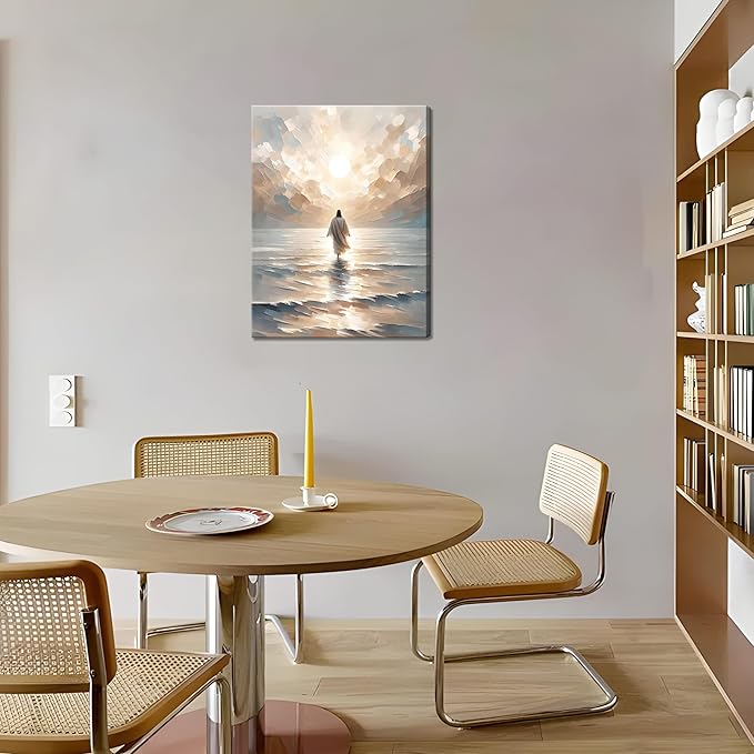 Jesus Walking on Water Canvas Wall Art, Christian Bible Stories Wall Decor Paintings, Jesus Walks on Water on Water Back Posters Prints Pictures for Church Living Room Bedroom 12x16 Inch Framed