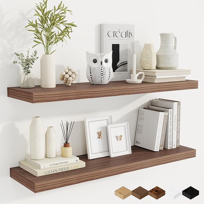 Fun Memories 36 Inch Floating Shelves, 9.3 Inch Deep Rustic Wall Shelves - Extra Deeper Wall Mounted Storage Shelves for Bathroom, Kitchen, Living Room (Walnut, Set of 2)