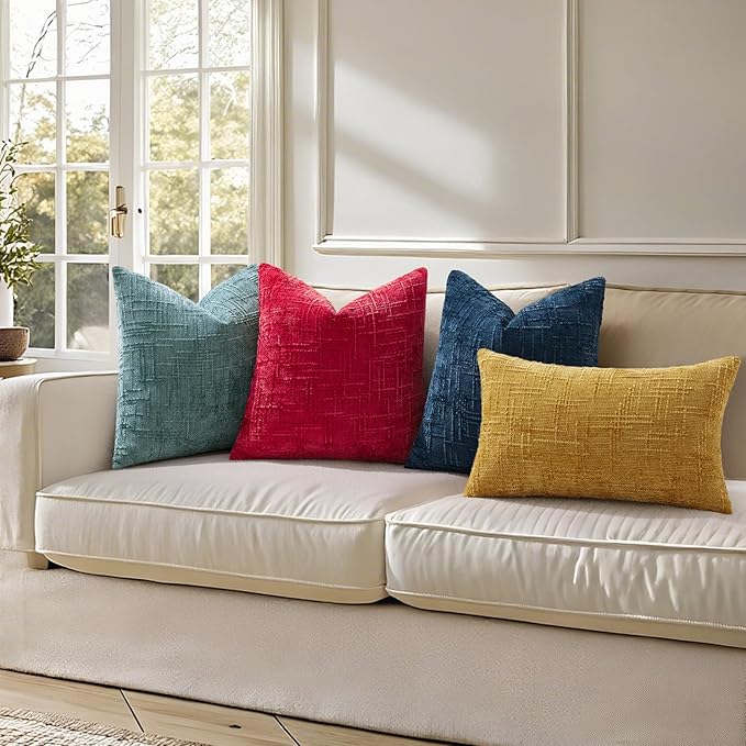 decorUhome Spring Red Chenille Throw Pillow Covers 18x18 Set of 2 Textured Slubby Couch Pillow Covers Farmhouse Accent Modern Neutral Decorative Pillow Cases for Bed Sofa Living Room
