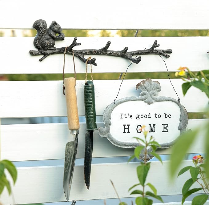 NIKKY HOME Cast Iron Rustic Coat Hook Hanger Vintage Squirrel Decorative Wall Hooks Practical Metal Storage Organiser Wall Mounted Hanging Hooks for Garden Tools Keys Indoor Outdoor Decoration