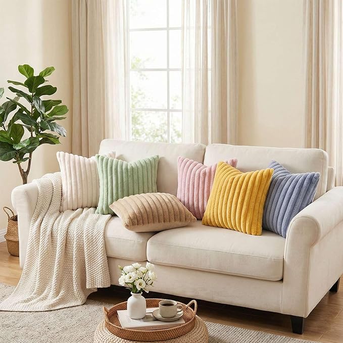 Pallene Faux Fur Plush Throw Pillow Covers 18x18 Set of 2, Luxury Soft Fluffy Striped Decorative Pillow Covers for Sofa, Couch, Living Room, Blush Pink