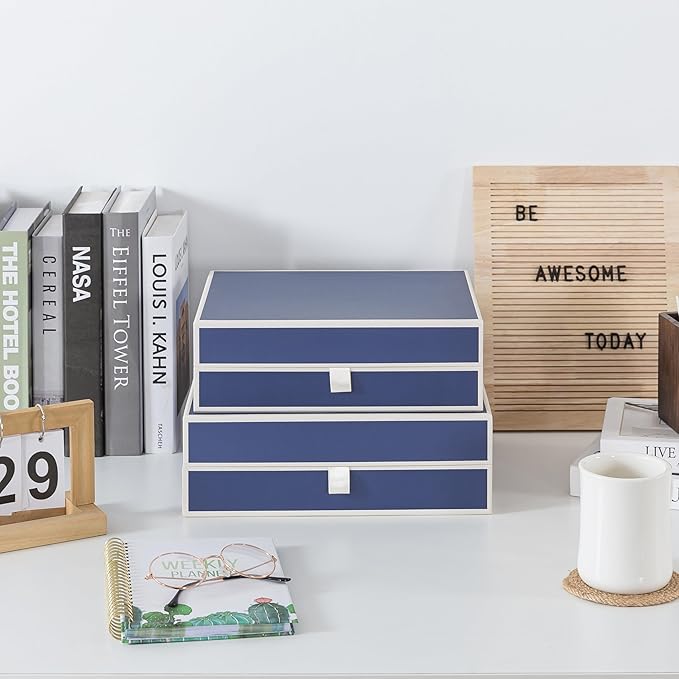 Soul & Lane Decorative Cardboard Storage Boxes with Lids - Set of 2, Memory Boxes for Keepsakes, Home Office Photo Storage for Pictures, Photo Albums, Documents, Stationery, Heritage Blue