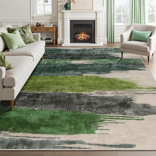 Ciicool Modern Abstract Rug for Living Room, 5'x7' Machine Washable Area Rug Non-Slip Rug, Low-Pile Contemporary Indoor Dining Floor Carpet for Bedroom Office Under Table Home Decor Green