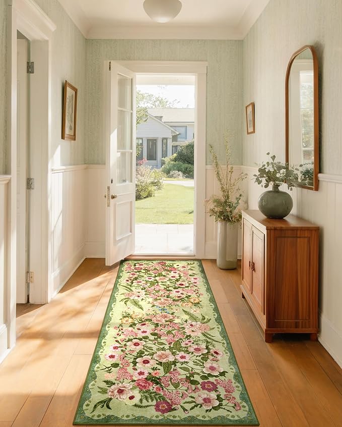 AREAMAY Floral Runner Rug 2x6 - Washable Vintage Bedroom Runner Rug Low Pile Non-Slip Carpet for Entryway Hallway, Laundry, Bathroom, Kitchen - Soft, Stain Resistant Indoor Area Rug - Green