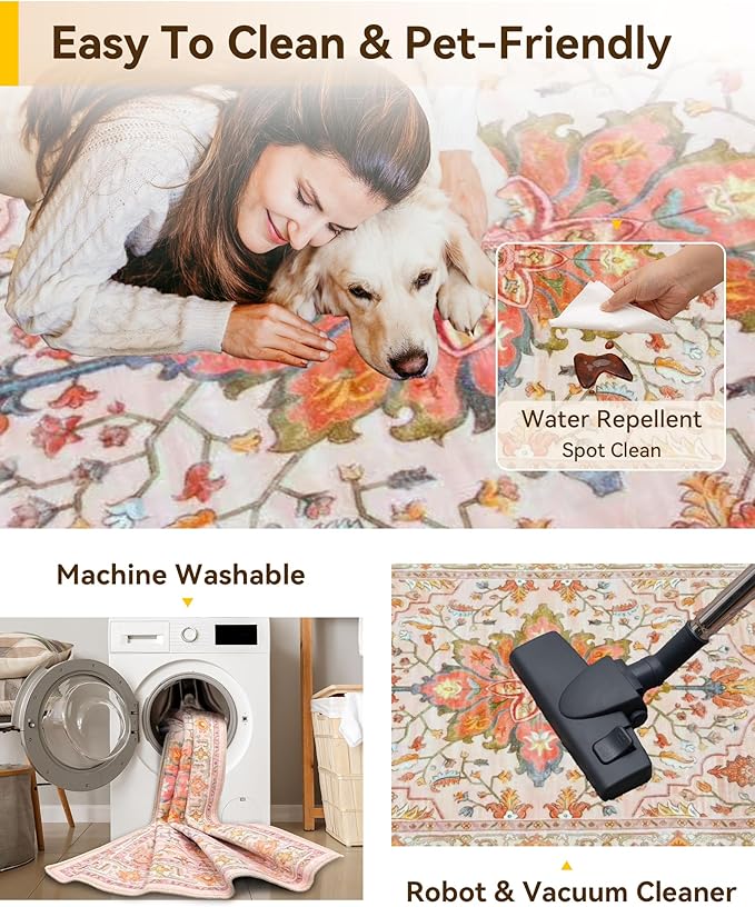 RELEANY Area Rugs Square 4ft Washable Non-Slip, Floral Vintage Distress Print Pattern Medallion Carpet for Living Room Bedroom Dining Room, Light Pink Colorful