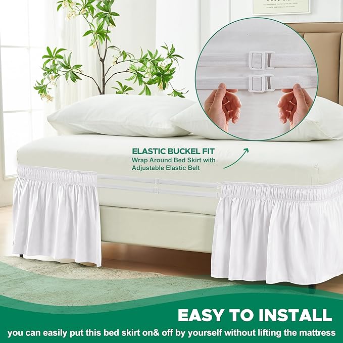 Biscaynebay Wrap Around Bed Skirts for Queen Beds 19" Long Drop, White Adjustable Elastic Dust Ruffles Easy Fit Wrinkle & Fade Resistant Silky Luxurious Fabric Solid Machine Washable