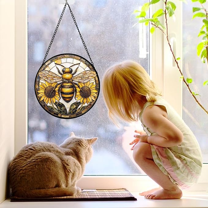 Stained Glass Window Hanging - Bee Sunflower Yellow Suncatcher Ready to Hang Window Doors Home Decoration and Christmas, Mother's Day Birthday Gifts for Women, Men, and Mom 7.8x7.8 in