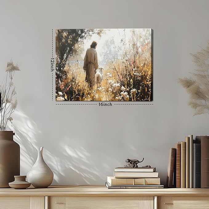 Jesus Leaves The 99 Sheep Canvas Wall Art, Christian Jesus Lamb Wall Decor Paintings, Lost Sheep Religious Bible Posters Prints Pictures for Church Living Room Bedroom 12x16 Inch Framed