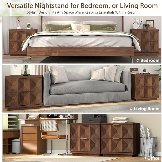 Yechen 23.6" Walnut Nightstand with 20W Faster Charging Station, Modern Bedside Table with 3D Geometric Drawers Front Panel, Wood 2 Drawer Night Stand with Storage, Accent End Table for Bedroom