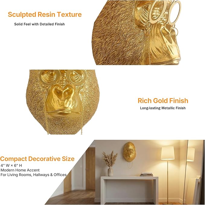 Juedawyal Golden Animal Head Wall Decor – Gorilla with Glasses, Resin Eclectic Wall Art for Entryway, Bar & Living Room