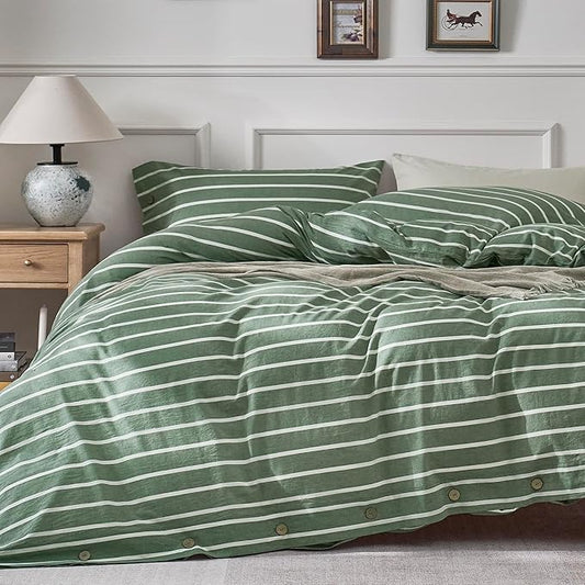 JELLYMONI Cotton Duvet Cover Twin XL Size - Green Striped Comforter Cover with Button 100% Washed Cotton 2PCS Breathable Soft Solid Bedding Set Duvet Cover 66×92in & 1 Pillowcase (NO Comforter)
