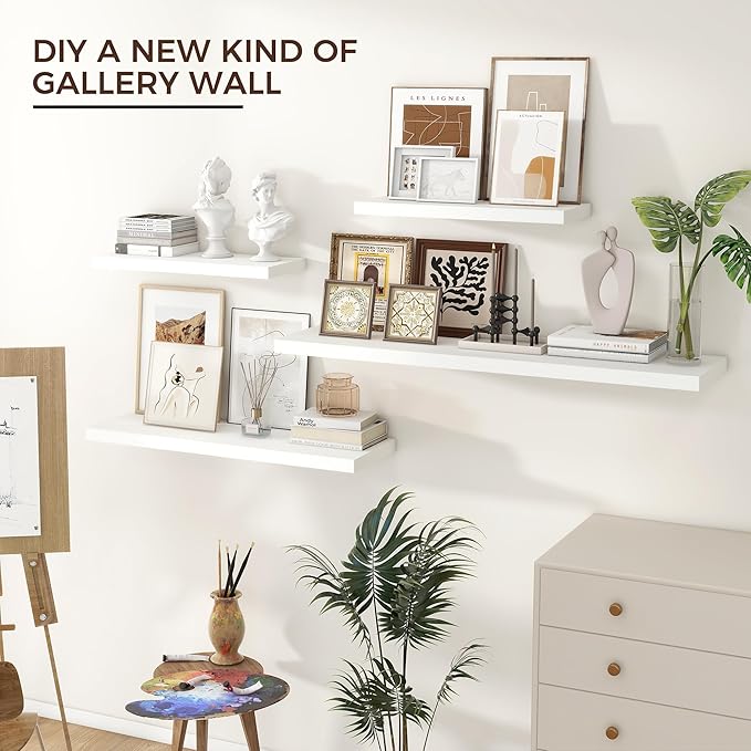 Floating Shelves for Wall 24"W x 6.7"D x 1.37"H, Engineered Wood Wall Shelves with Invisible Brackets for Living Room Bedroom Bathroom Office Kitchen Decor and Storage, White Finish, Set of 2