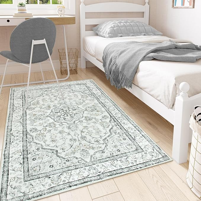 Lahome Oriental 3x5 Rug,Washable Entry Rugs for Inside House Non-Slip,Boho Grey Rugs for Living Room,Traditional Vintage Bathroom Carpet Thin Throw Rug for Bedroom Entryway Kitchen,(3x5ft,Light Gray)