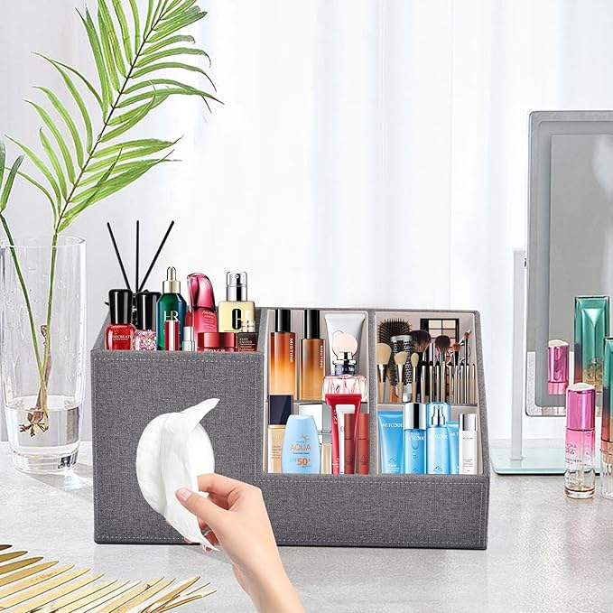 Plus Size Tissue Box Cover-Square Linen Tissue Cover with Side Storage and Tray,Modern Makeup Organizer,Leather Tissue Holder Decorative Cube Organizer for Living Room Vanity NightStand Office,Grey