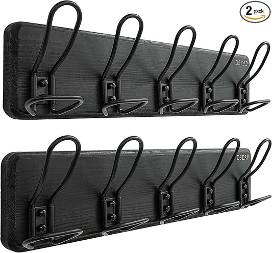 Dseap Coat Rack Wall Mounted - Heavy Duty Farmhouse Rustic Wall Coat Hanger With 5 Wire Hooks for Clothes Hat Jacket Towel, RusticWire, G25A, Black, Pack of 2