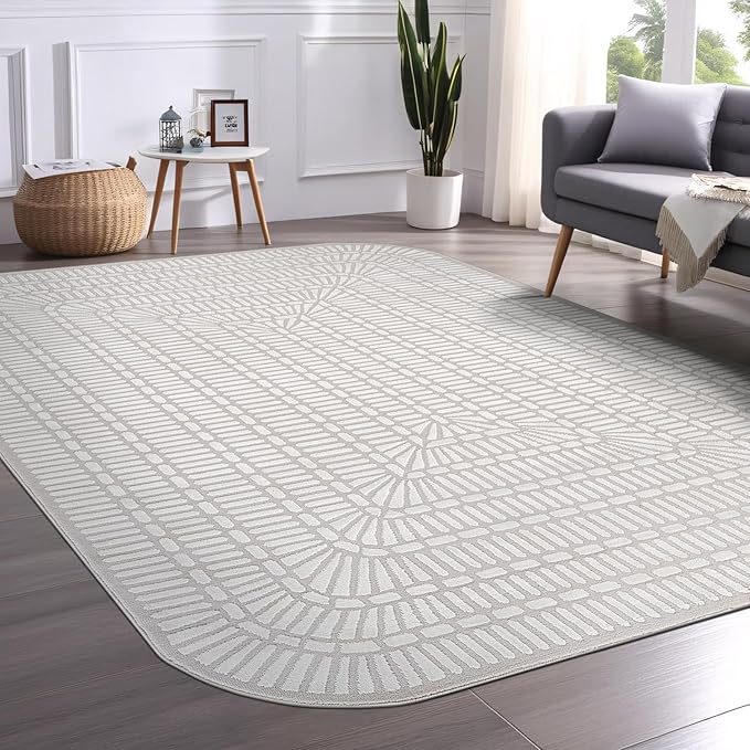 Beverly Rug Modern Geometric Area Rug 6x9 Low-High Pile Durable Soft Abstract Grid Indoor Rugs for Living Dining Room Office Stain Resistant Non Shedding Casual Indoor Carpet Beige White 6 x 9