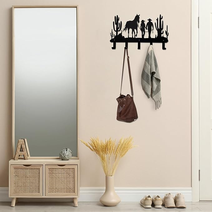 Ecqizer Cowboy Coat Hooks Wall Decor-Cowboy Hangers and Key Hooks Holder-Clothes Cowboy Hat Rack and Backpack Hanger-Cowboy Wall Art Decor for Storage, Living Room, Hallway, Bedroom…