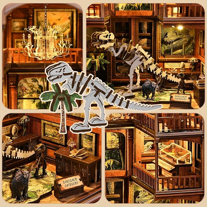 Book Nook Kit, DIY Miniature House Kit Dinosaur Fossil Exhibition Museum with LED Light, 3D Wooden Puzzle Handmade Craft Gift for Adults and Teens - Fossil Museum