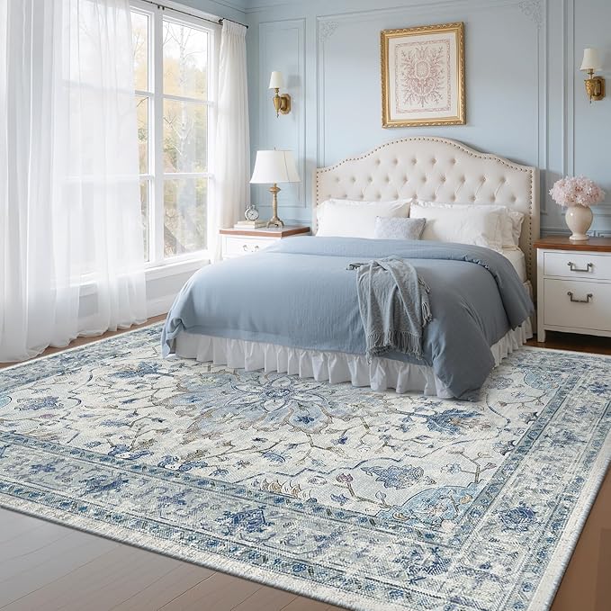 RELEANY Area Rugs 6'x9' Washable Non-Slip, Floral Vintage Distress Print Pattern Medallion Carpet for Living Room Bedroom Dining Room, Light Blue Navy Beige Gray White