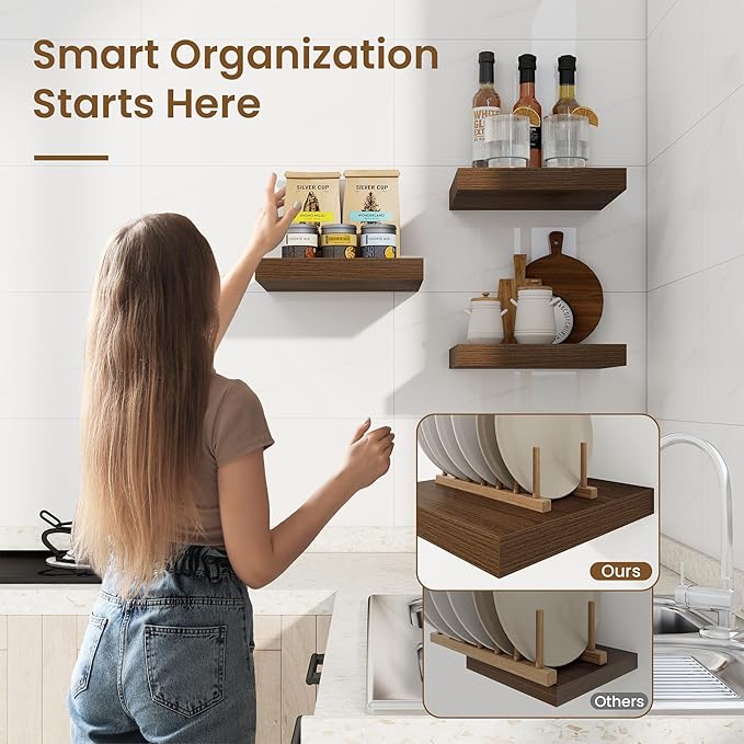 Marsmiles Square Floating Shelves for Wall, 8" W x 8" D x 1.25" H, 3 Pack Small Wall Mounted Engineered Wood Shelves with Invisible Brackets for Living Room, Bedroom, Bathroom, Kitchen Decor, Walnut