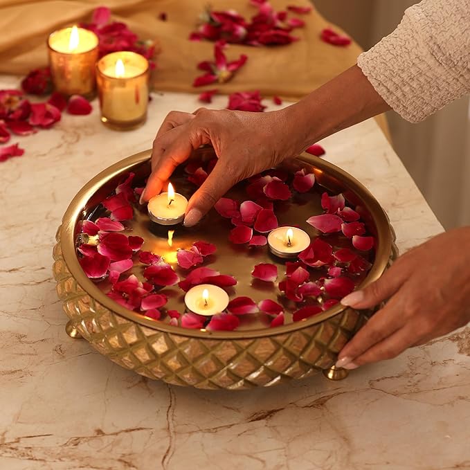 RITUALISTIC Chitra Wooden Urli for Flower Decoration Wooden Urli Bowl for Home Decorations Kitchen Décor Bowl for Decoration Perfect for Festive Occasion & Valentine's day gift | 11.5 inches Gold