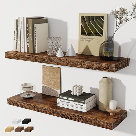 Floating Shelves for Wall - 2 Pack 30 Inch Long Rustic Wooden Display Shelves - 8 Inch Deep Wall Mounted Storage Shelf with Invisible Heavy-Duty Brackets for Books, Bathroom, Kitchen - Rustic Brown
