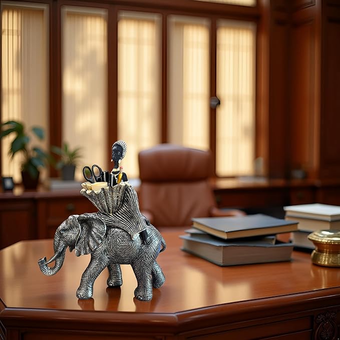 African Woman Riding Elephant Statue with Decorative Bowl, African Figurine Sculpture, Black and Gold Elephant Decor, Jewelry Tray Trinket Dish, Cultural Home Decor Gift