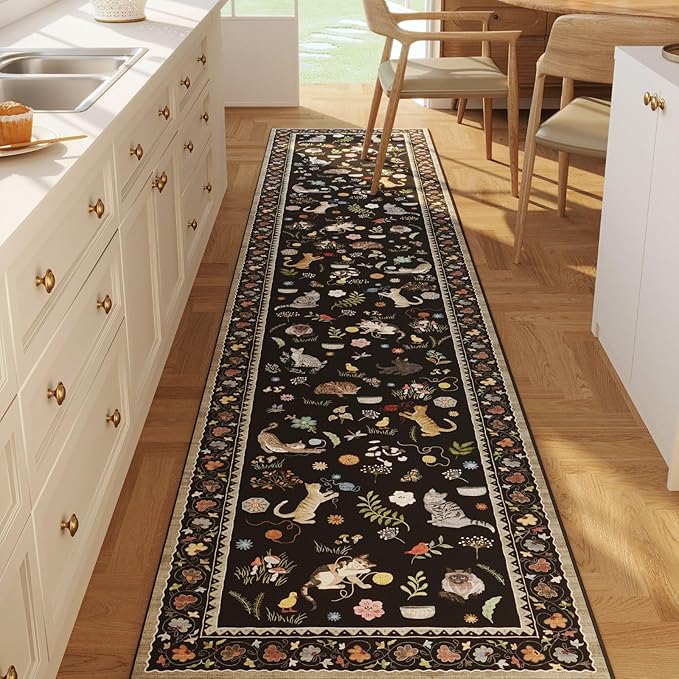 Rugcomf Runners for Kitchen Runner Rug Non Slip 2'x10' Long Washable Rugs with Rubber Backing Soft Floral Animal Cat Carpet Runner for Kitchen Laundry Bedroom Bathroom, Black