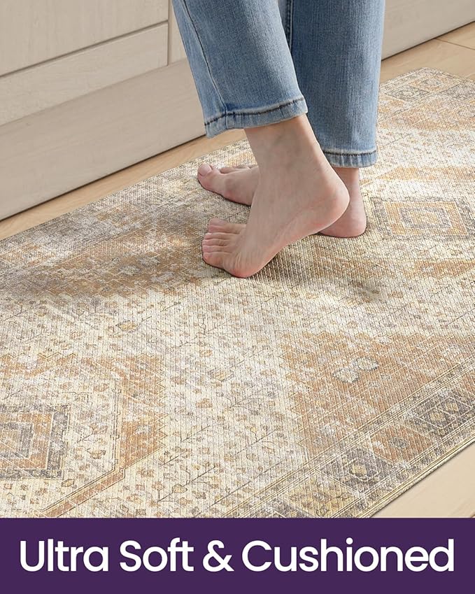 DEXI Kitchen Floor Mats Anti Fatigue, 17x59 Cushioned Vintage Runner Rug Waterproof, Standing Comfort Memory Foam Padded for Front Sink Laundry Office, Beige and Light Orange