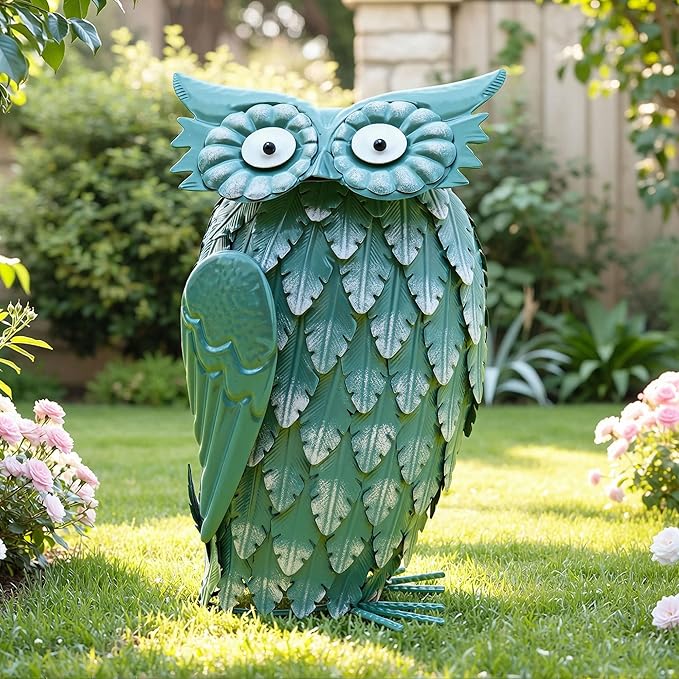 14" Metal Owl Statue - Handmade Cute Bird Sculpture for Yard & Garden Decor, Boho Home Accent for Shelf, Desk, Living Room, Bedroom, Office, Nice Gift for Bird Lovers
