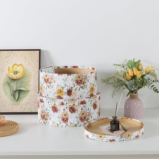 Soul & Lane Large Oval Cardboard Decorative Storage Boxes with Lids - Autumnal Elegance, Set of 2, Nesting Cardboard Storage for Flowers and Gifts, Memory Boxes for Keepsakes and Organizing