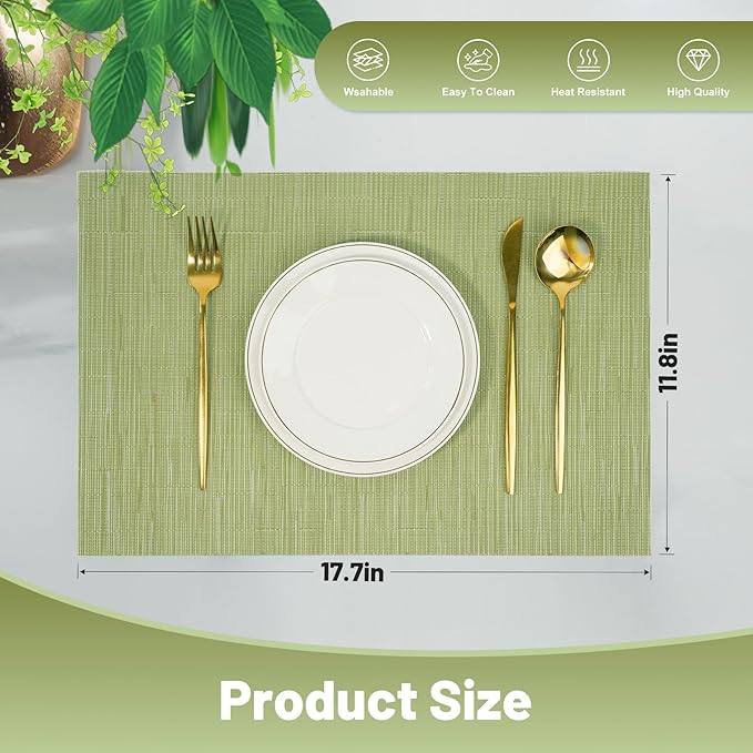 Placemats Set of 6，Christmas Non-Slip PVC Weave Table Mats Easy to Clean，Heat Resistant Place Mats for Kitchen Dining Table Decoration Indoor Outdoor，Pea Green