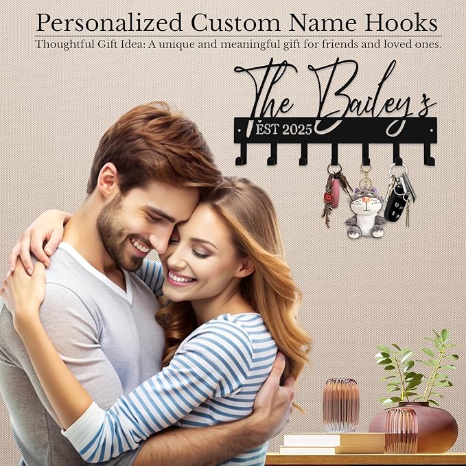 Personalized Metal Key Rack Hooks, Key Holder Wall Mounted Key Hooks, Name Theme Wall Decoration Hooks, Key Hanger Organizer for Living Room, Entryway, Bathroom, Office Decor(Above)