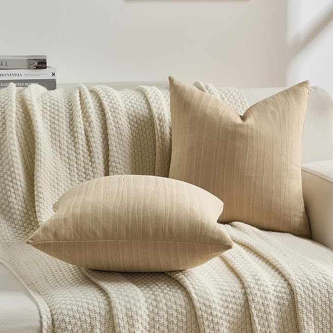 FUTEI Apricot Chenille Decorative Throw Pillow Covers 24x24 Inch Set of 2,Soft Crushed Striped Texture European Cushion Case,Modern Home Decor for Couch Bed Living Room
