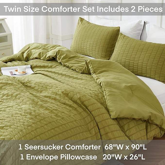 AveLom Olive Green Seersucker Twin/Twin XL Comforter Set (68x90 inches), 2 Pieces-100% Soft Microfiber Lightweight Comforter with 1 Pillowcase, All Season Down Alternative Comforter Set for Bedding