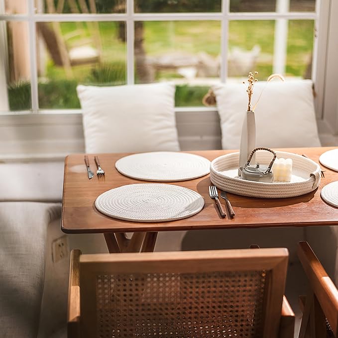 Art PineCone's Woven Cotton Rope Round Placemats Set of 4 with Holder Included, Non-Slip, and Heat Resistant Shabby Chic Placemats (Off White, 13 inches, 6PC)