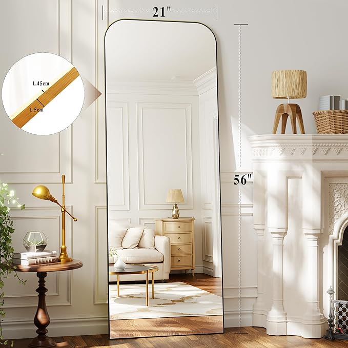 Full Length Mirror 56"x21" - Black Aluminum Alloy Frame Standing Full Body Mirror with Stand, Tall Floor Mirror for Bedroom & Living Room, Wall & Floor Mirror, Modern Mirror Decor