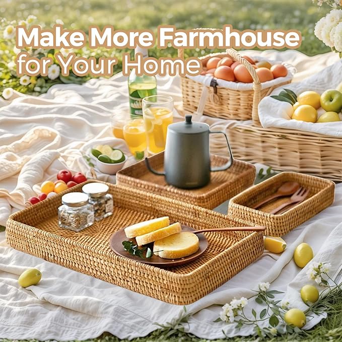 Rattan Serving Tray, Including 3 Sizes of Woven Wicker Rectangle Trays & Shallow Basket Trays. Decorative Rattan Baskets with Organizing Function, Daily Serving Needs