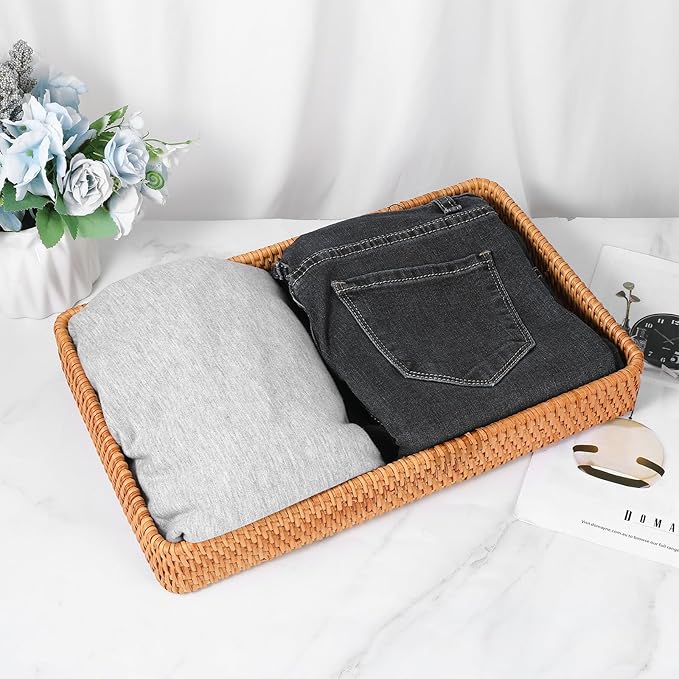 Wicker Storage Basket Rattan Tray Rectangular Wicker Basket Decorative Serving Tray Fruit Baskets Food Serving Holders Woven Baskets for Storage Home Kitchen Restaurant Decor