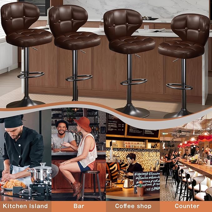 Bar Stools Set of 2, Adjustable Swivel Bar Chairs with 360° Rotation, Padded Counter Stools with Back and Footrest for Kitchen Island, Bistro, Cafe, and Home Use Brown-2pcs