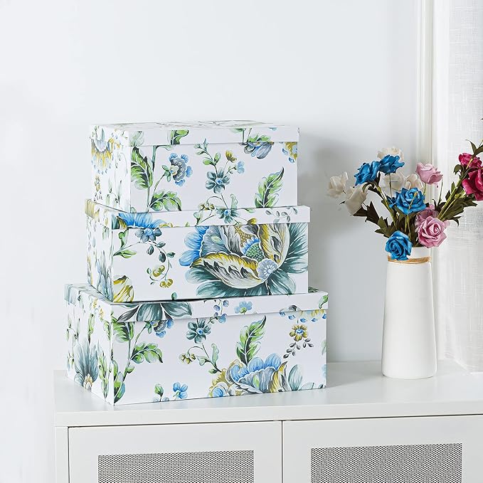 Soul & Lane Breezy Bloom Floral Storage Boxes with Lid - Set of 3: Home Décor Memories Cartons, Nesting Decorative Photo Storage Containers, Flower Paperboard Keepsake Bins, Cardboard File Boxes